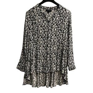 Lane Bryant Top Womens 18 Black White Floral Button Down Tunic Hi Low Casual